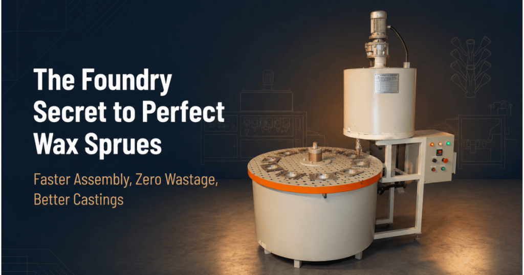 Industrial wax sprue maker machine with water-cooled aluminium dies and heated wax tank producing tapered wax sprues with pouring cups for investment casting
