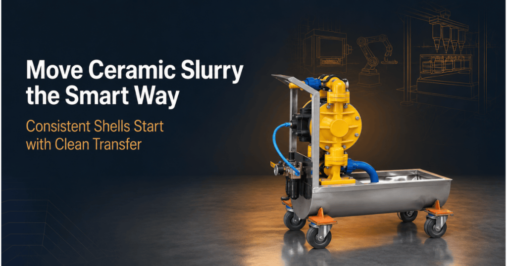 Trolley-mounted ceramic slurry transfer pump moving slurry between storage and dipping tanks in an investment casting shellroom